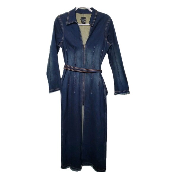 Bebe Jeans Med Denim Midi Dress Zipper Front Slit Zip Western Cowgirl Rodeo Y2K - Picture 1 of 6